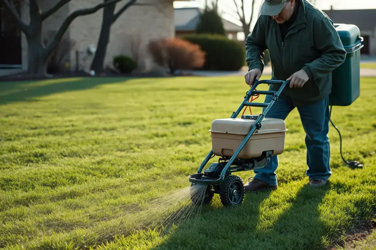 Professional crabgrass prevention treatment being applied to lawn in early spring