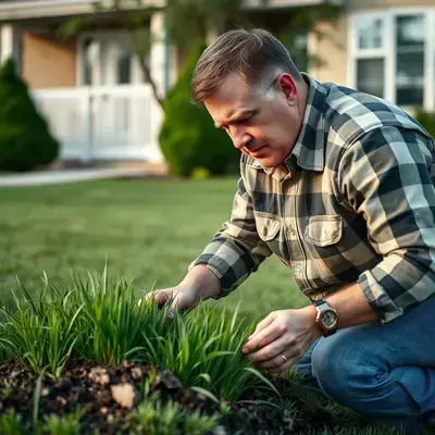 Professional lawn expert examining grass and soil condition on Sidney property