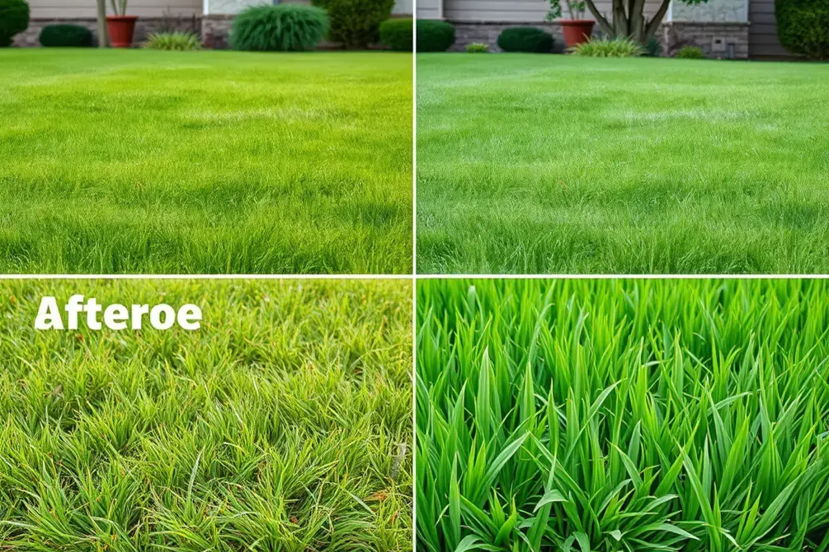 Before and after lawn treatment showing weed elimination and healthy grass regrowth